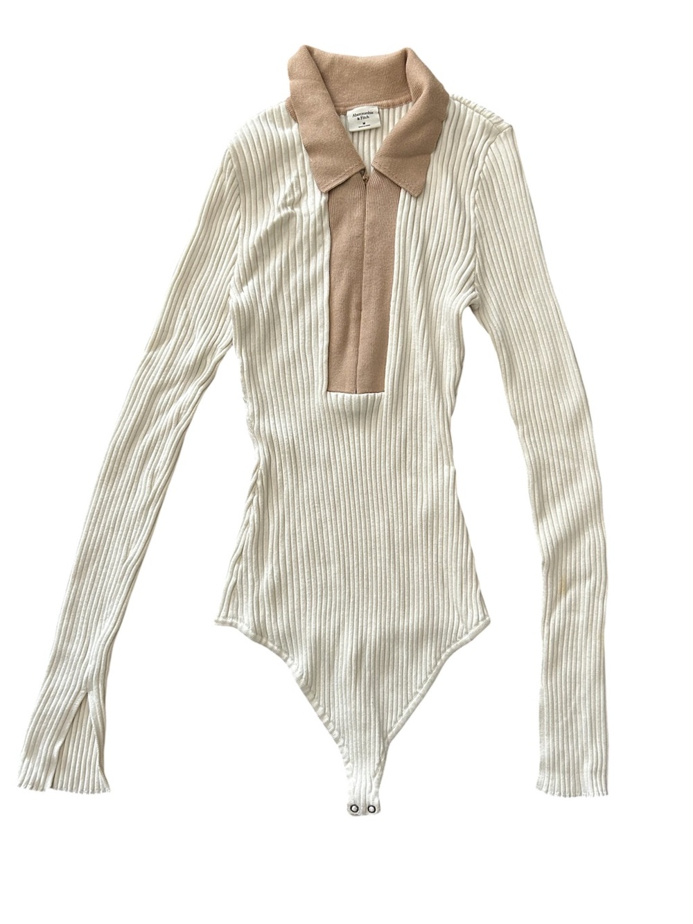 A&F Polo Half-Zip Ribbed Bodysuit Womens medium ivory tan sweater